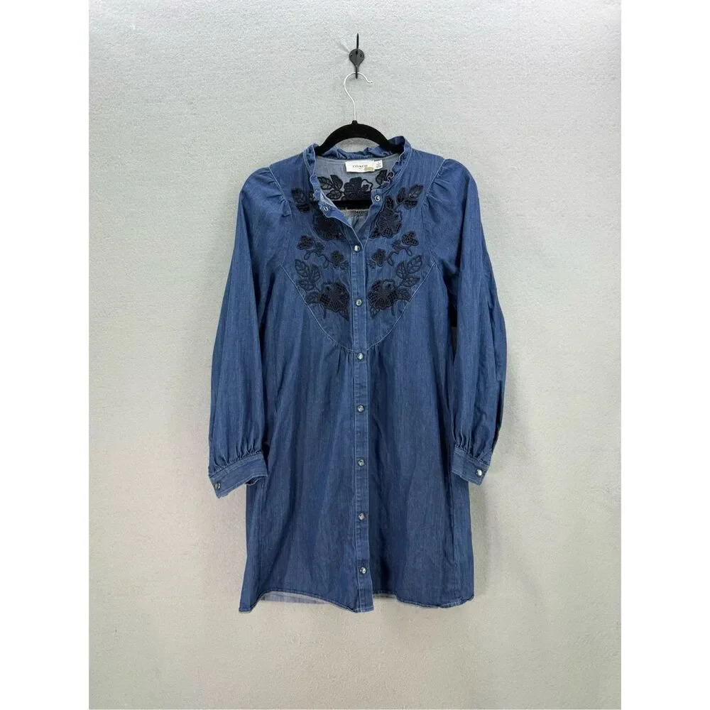 Coach Embroidered Denim Mini Shirt Dress Size 4 Made in Italy